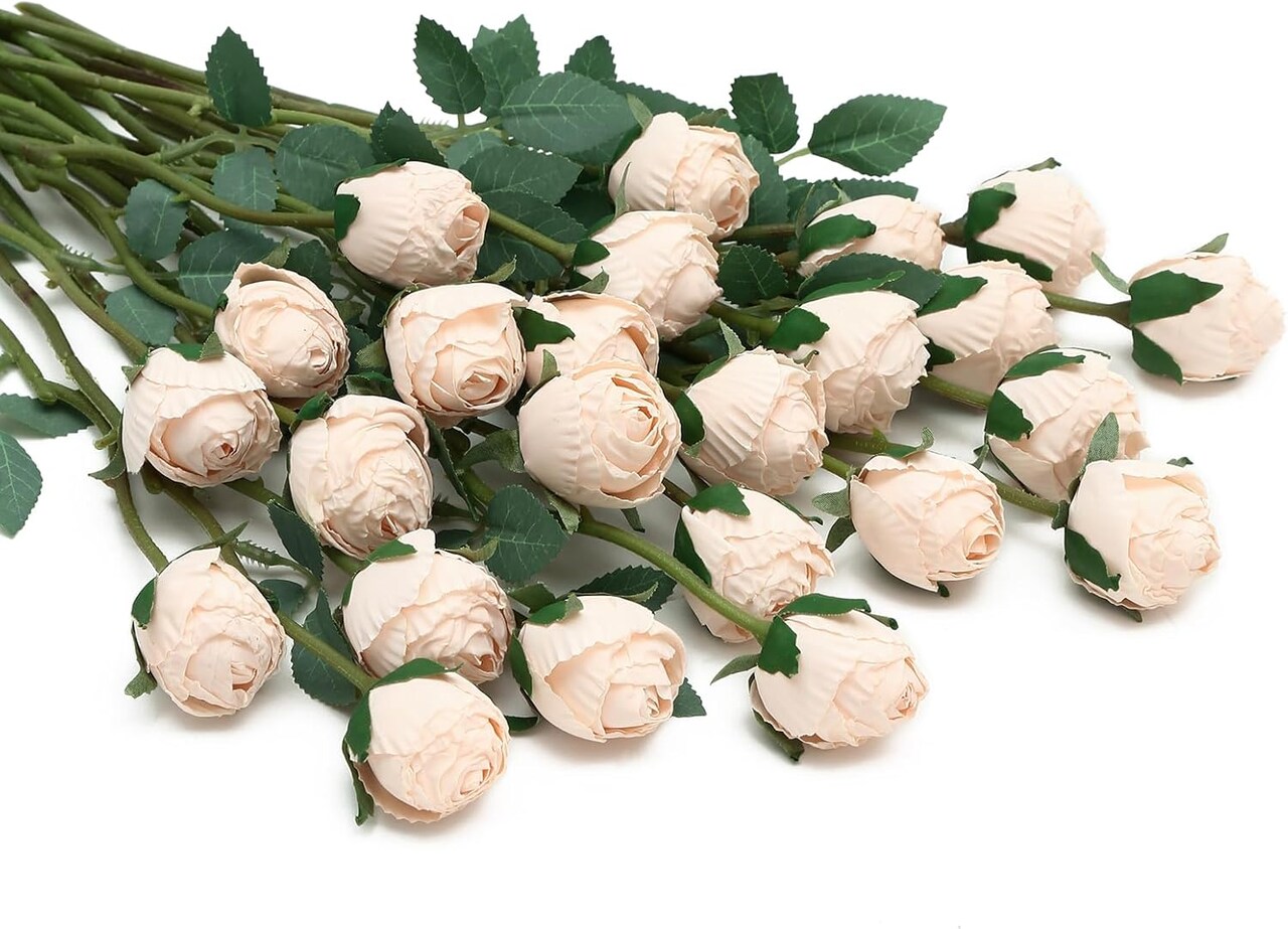 24PCS Vintage Artificial Mini Roses – Champagne Silk Fake Flowers with Long Flexible Stems for DIY Bouquets, Wedding Centerpieces, Party & Home Decor